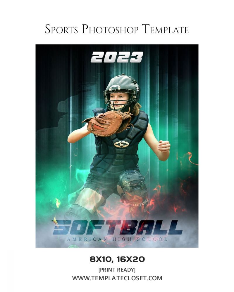 Softball Fire Effect Customized Sports Photoshop Template
