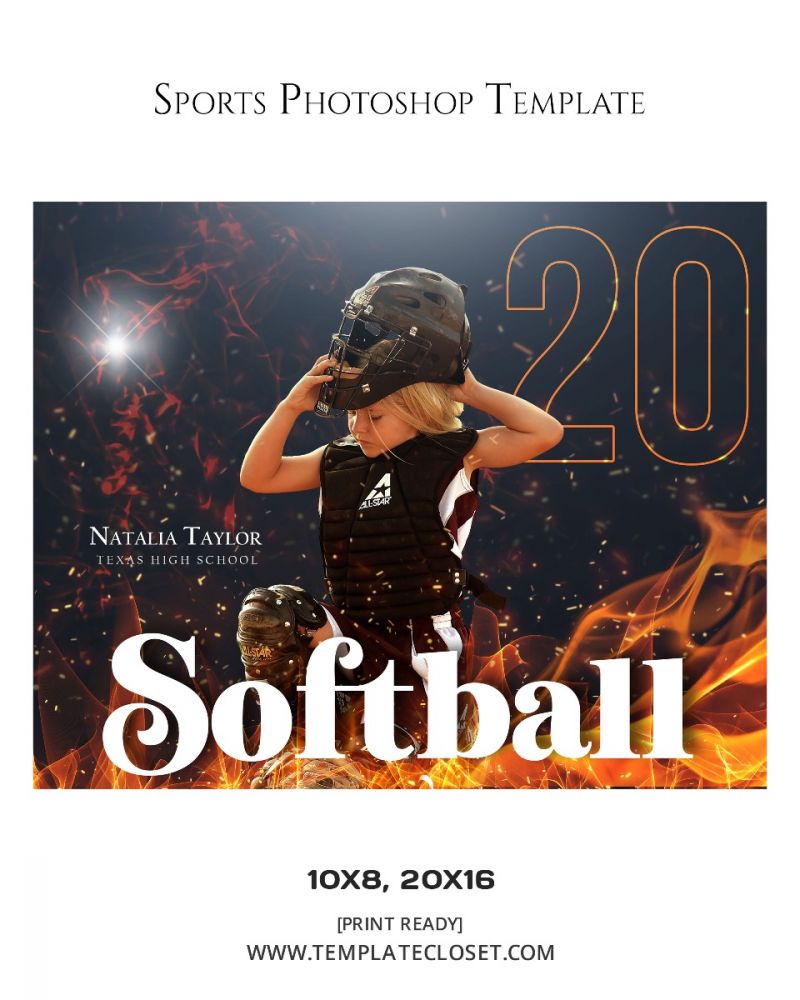Softball Fire Effect Print Ready Sports Photography Template