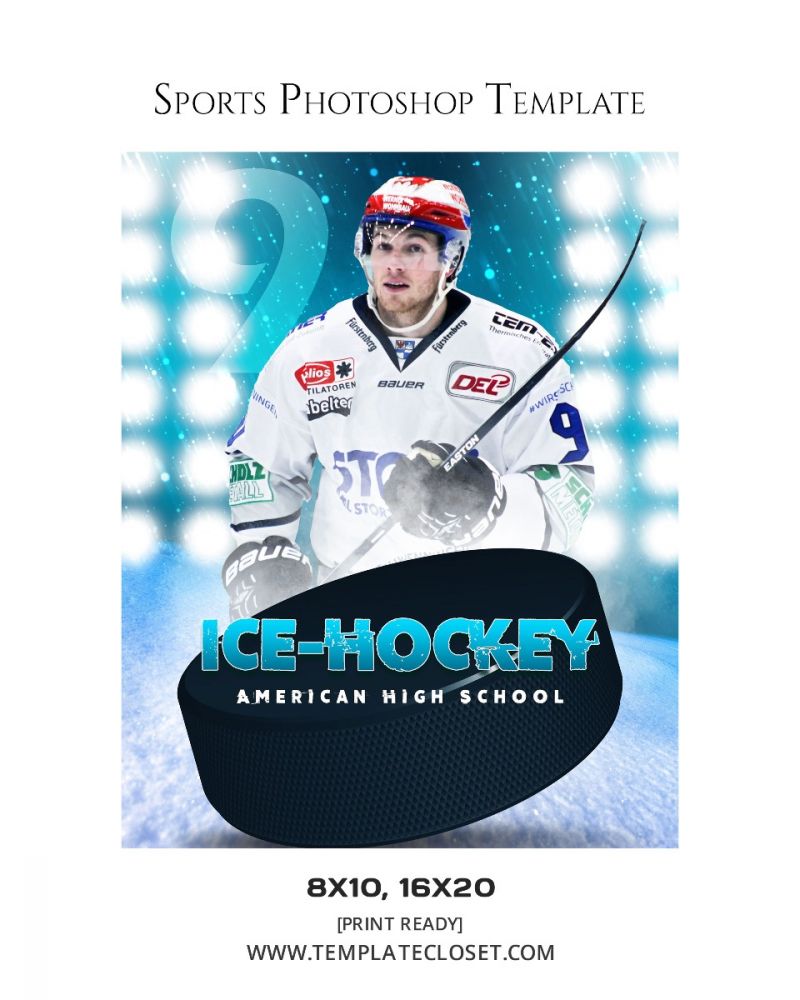 Ice Hockey American High School Photoshop Layered Template