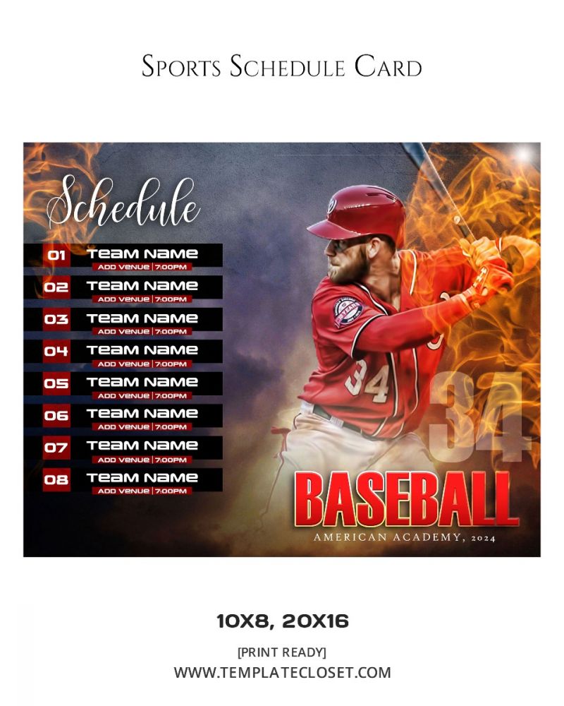 Baseball Fire Effect Sport Schedule Card