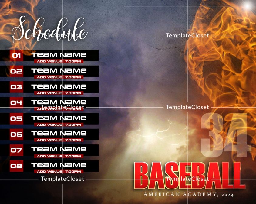 Baseball Fire Effect Sport Schedule Card