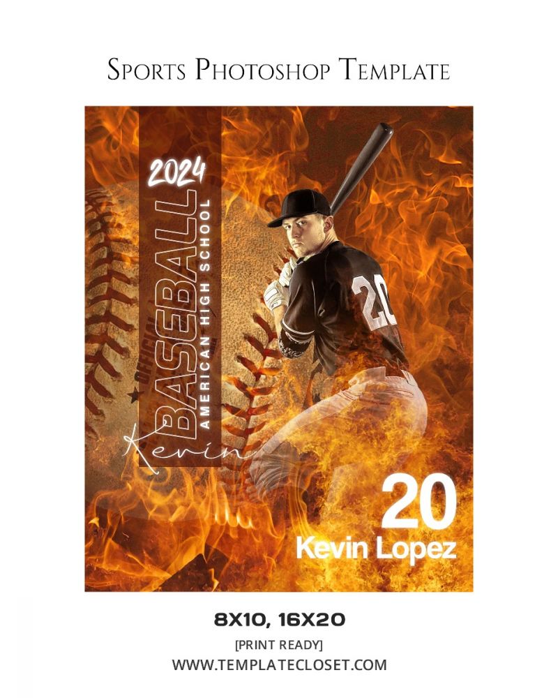 Baseball Fire Effect Customized Sports Photography Template