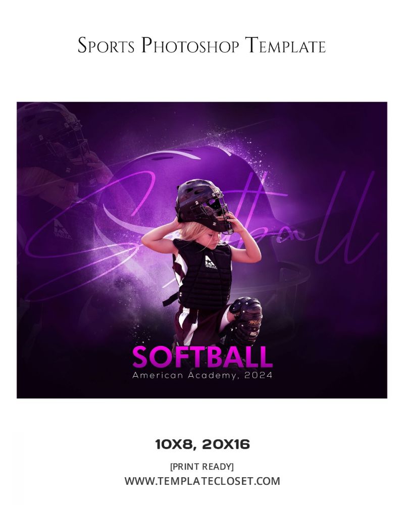 Softball Purple Effect Sports Photography Layered Template
