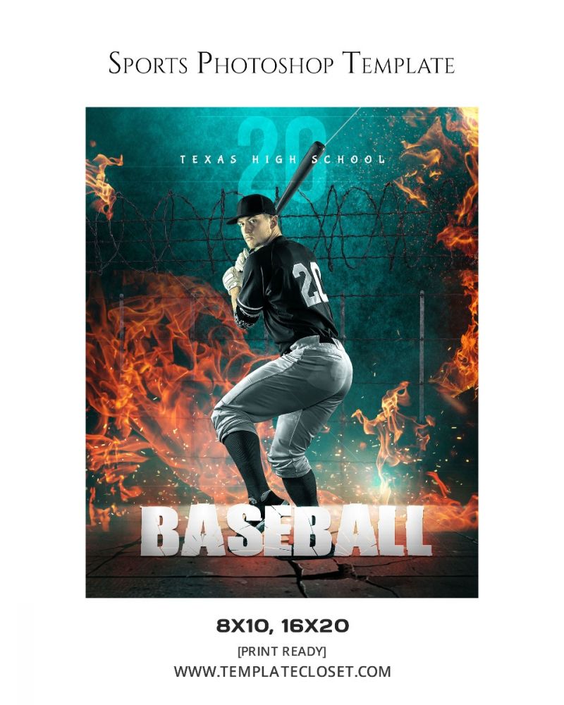 Baseball Fire Effect Sports Photoshop Layered Poster