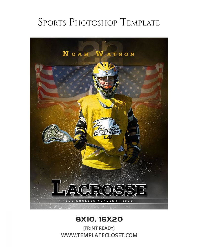 Noah Watson - Lacrosse With Flag Background Sport Photoshop Poster